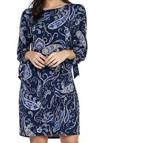 Dex Dresses & Skirts - Dex Paisley Print 3/4 length Self Tie Sleeves Dress XS Shades of Blue NWT